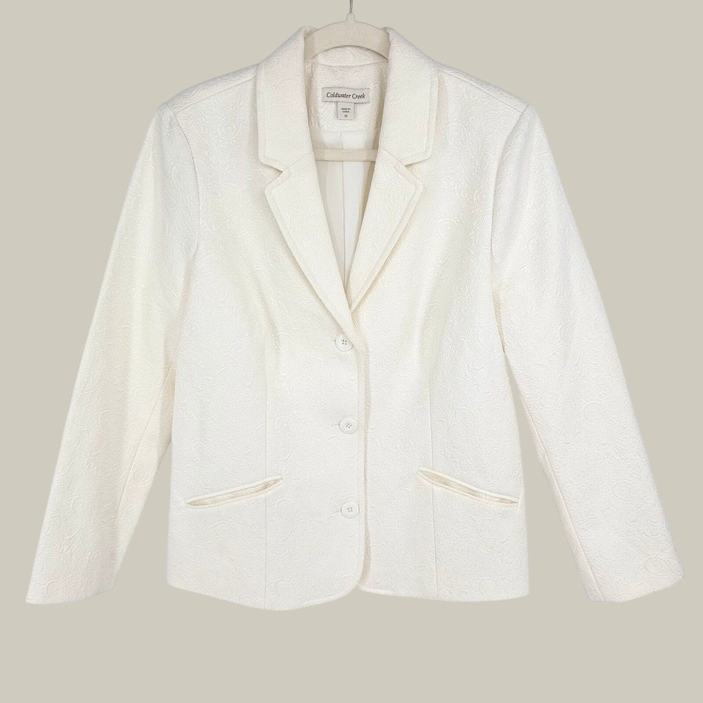 Coldwater Creek Cream Paisley Jacquard Textured Cotton Blazer Jacket 12 Neutral